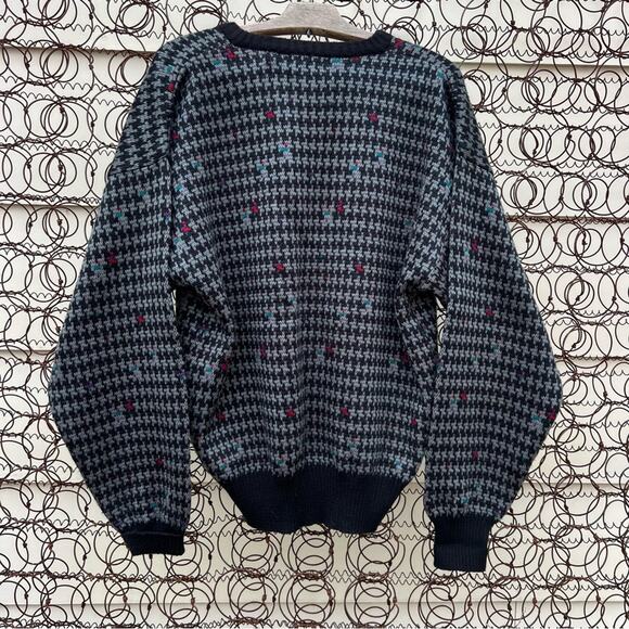 VTG 80s Boundary Waters Black Houndstooth Moody Blue Red accent Wool Blend LARGE - Picture 3 of 7